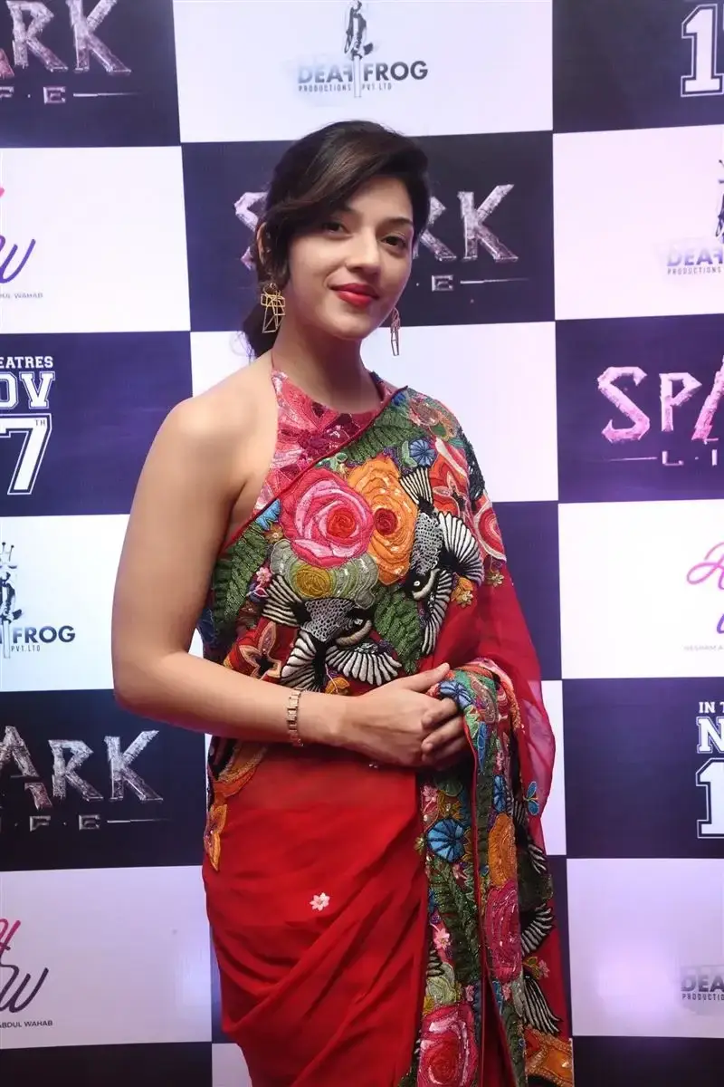 Mehreen Pirzada Red Saree at Spark LIFE Movie Trailer Launch